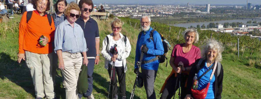 Die Wandergruppe auf einer Wiese oberhalb von Wien